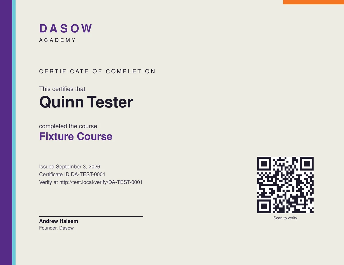 A sample Dasow Academy certificate of completion